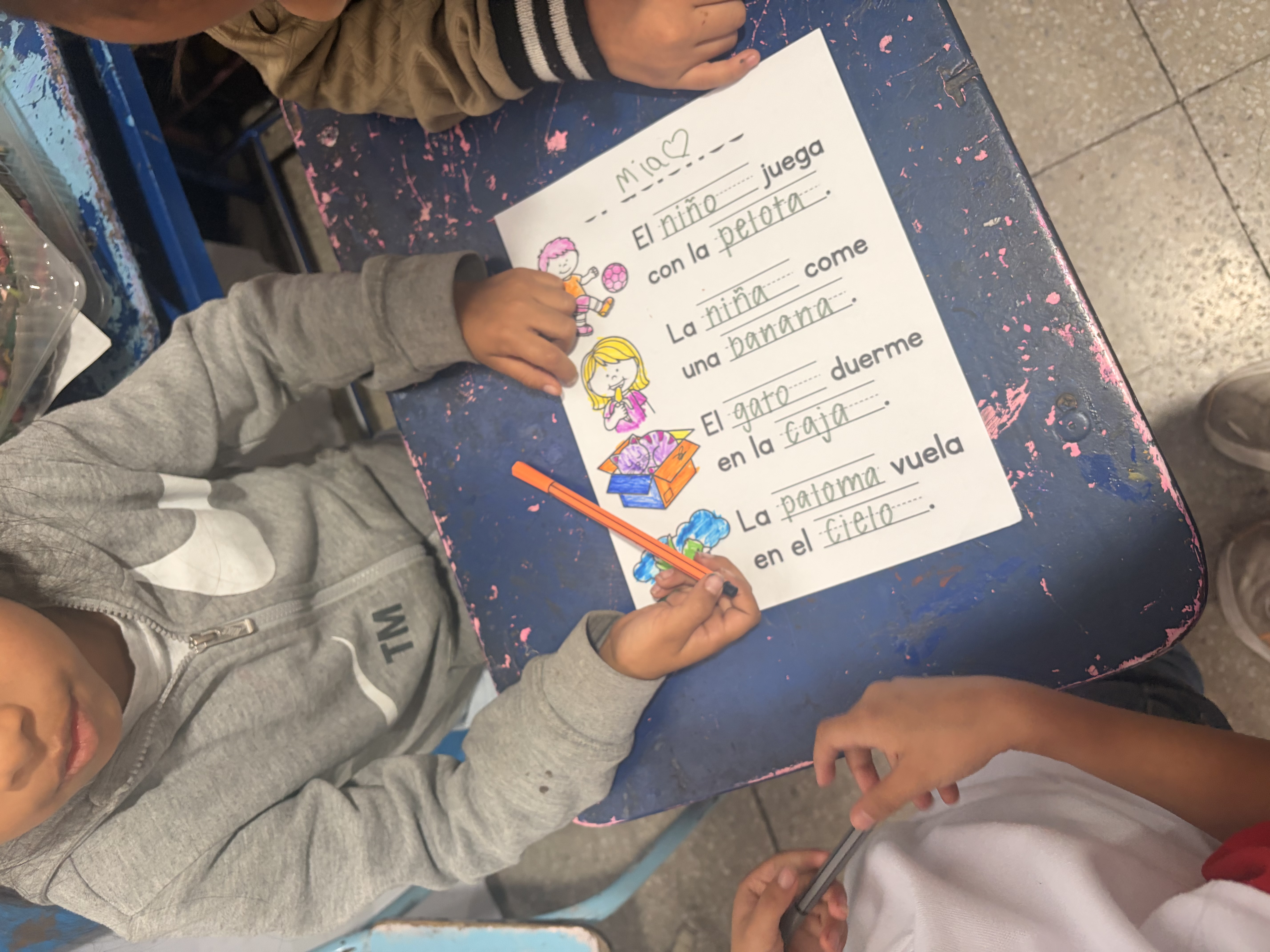 Student's English worksheet completed during class in Antigua, Guatemala